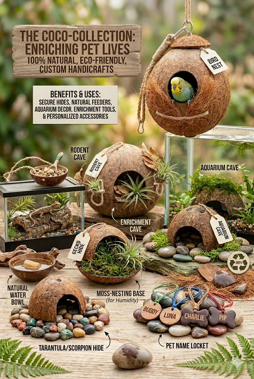Customizable Eco-friendly natural coconut shell handmade pet decors.